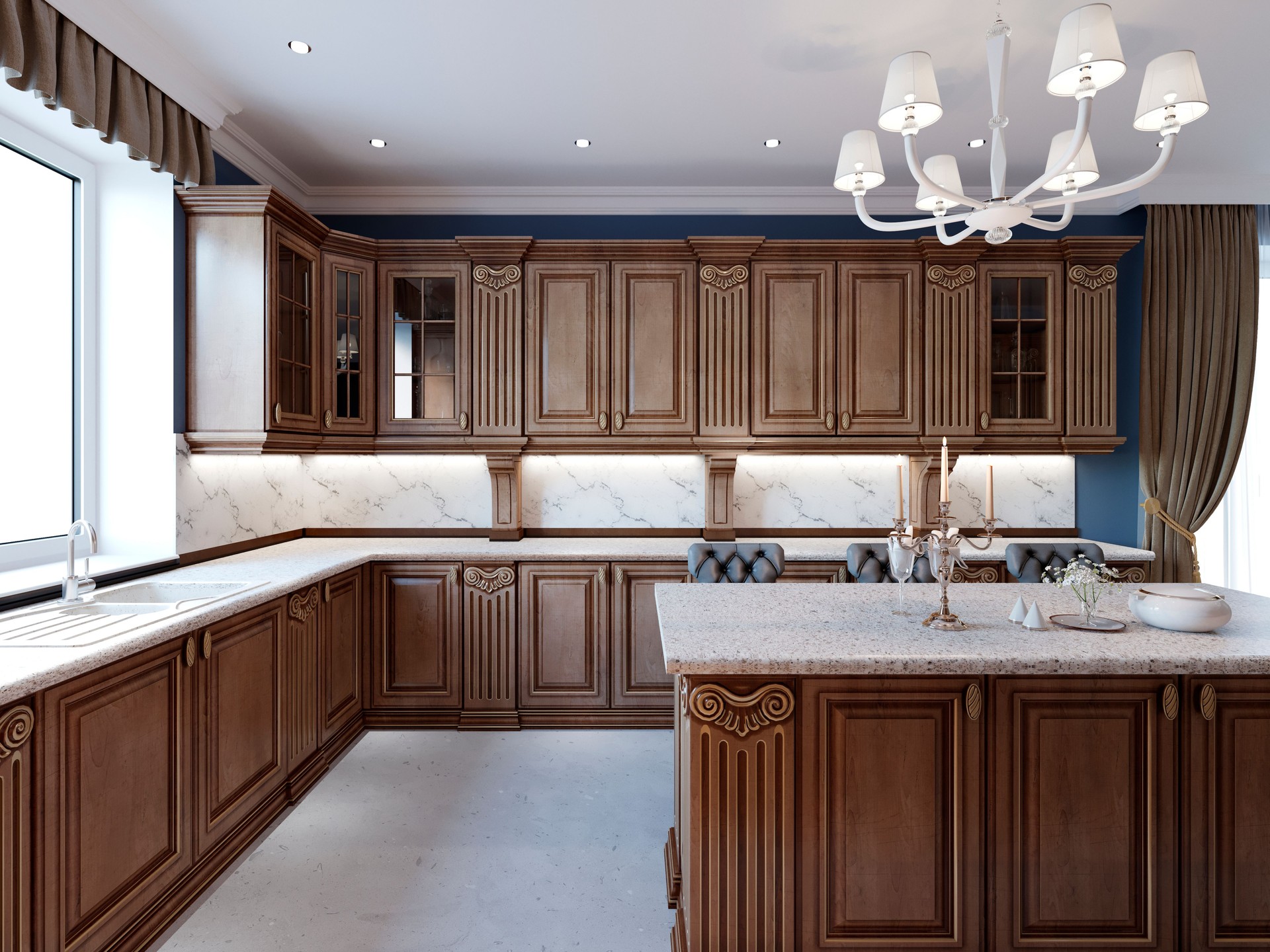 Luxury kitchen with tile floor, stained cabinets and marble counter top.