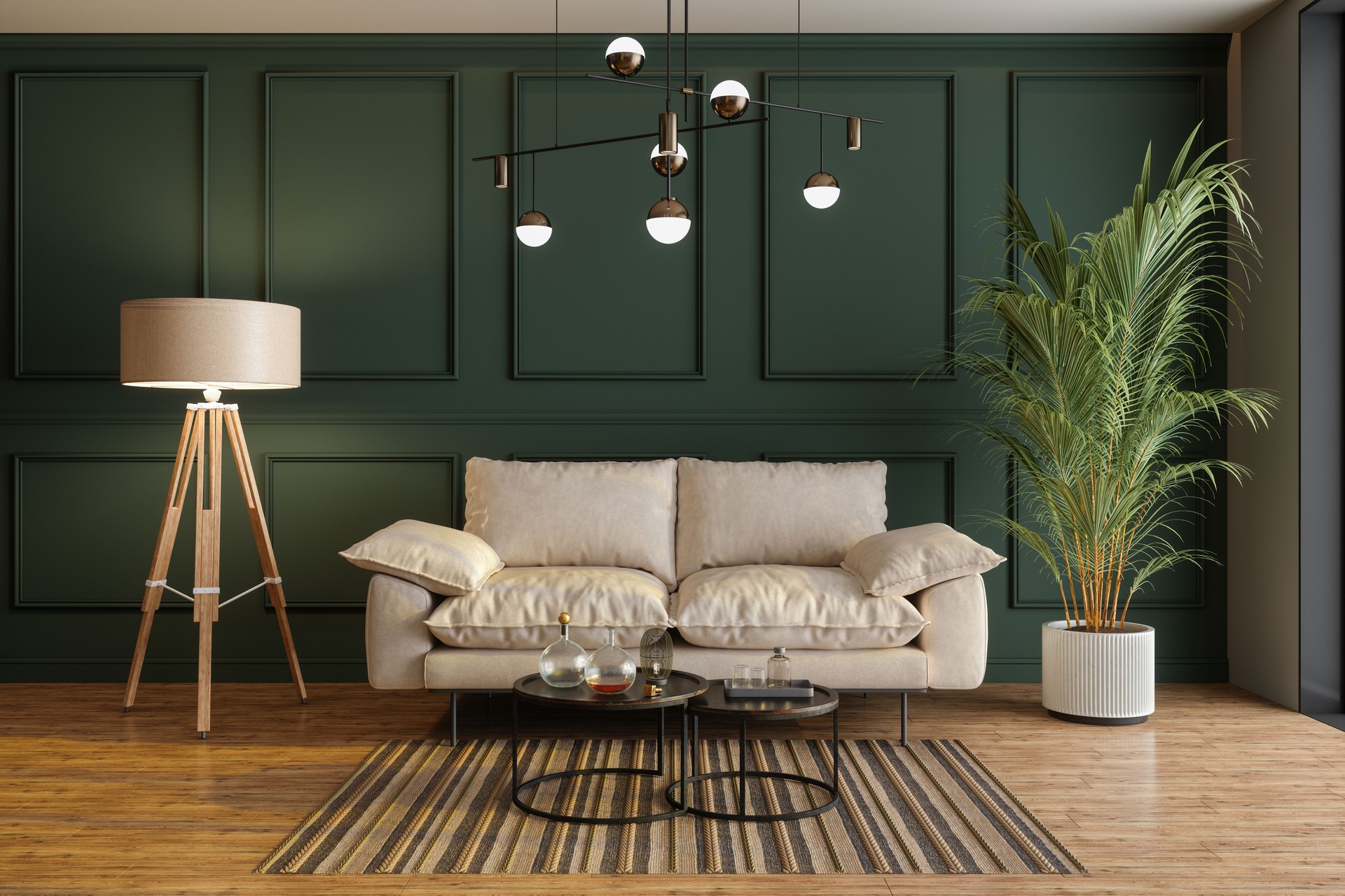 Modern Living Room Interior With Sofa, Floor Lamp, Potted Plant And Green Wall